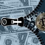 dollar bills and bitcoins